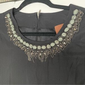 Vtg Prairie New York silk long sleeve embellished collar mini dress black S